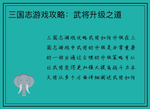 三国志游戏攻略：武将升级之道